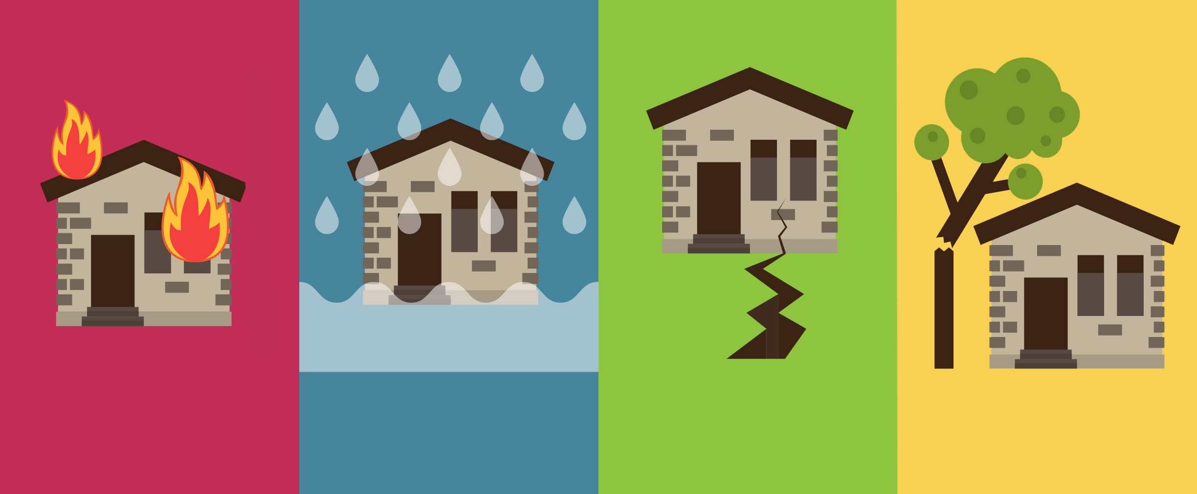 An illustration that shows a home with four major issues: fire, flooding, structural damage and a falling tree