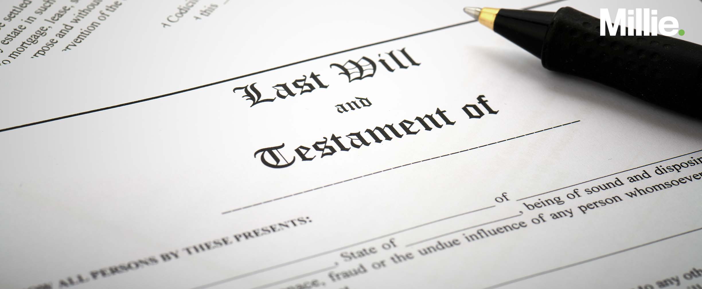 The front page of a Last Will and Testament with a pen laying on top.