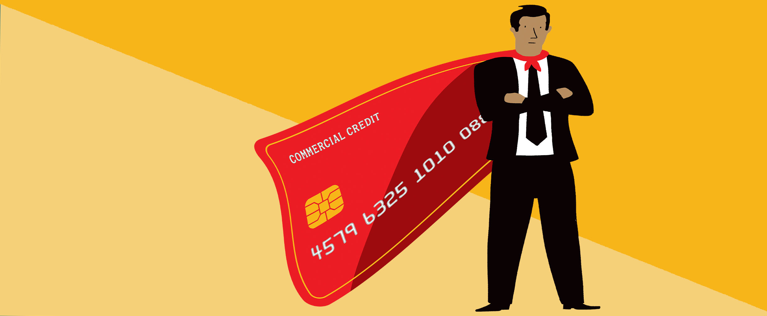 An illustration of a man in a suit wearing a flowing superhero cape that is actually a commercial credit card