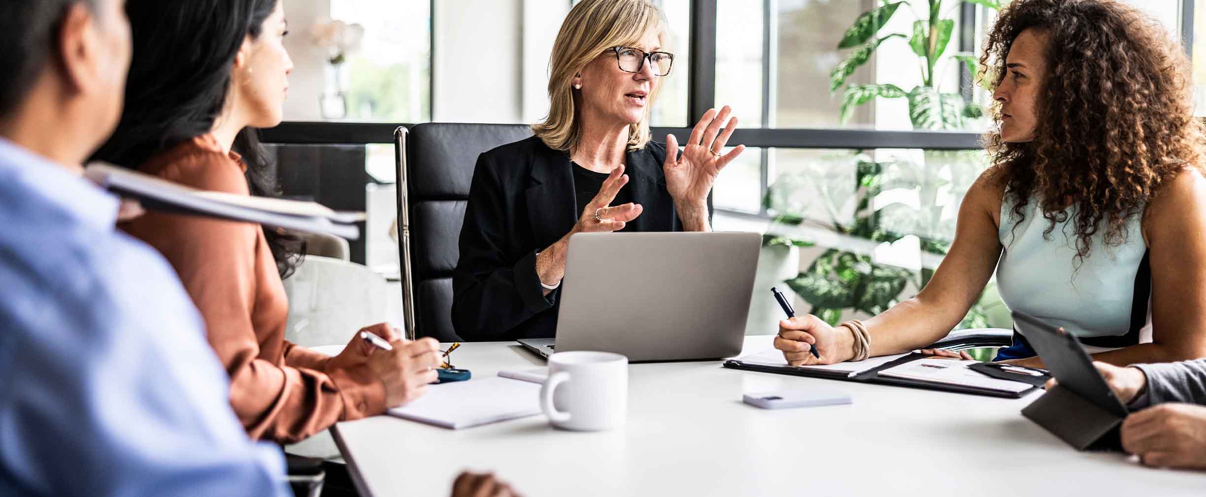 A group of smartly dressed professionals meet in a plant-filled, sunny conference room